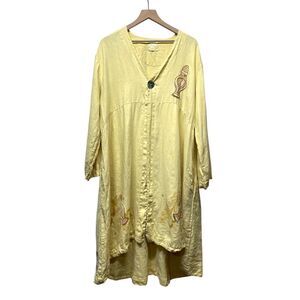 Vtg Blue Fish‎ Long Sleeve Open Front Tunic Dress Linen Yellow Artsy Lagenlook